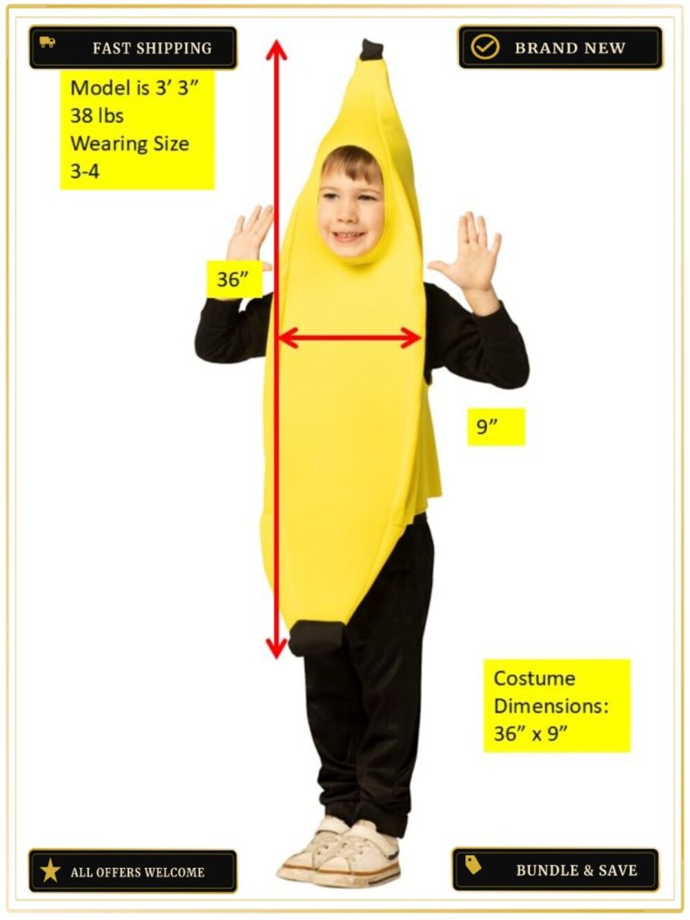Lightweight Banana Costume Tunic Toddler 3-4T Kids - Picture 3 of 3